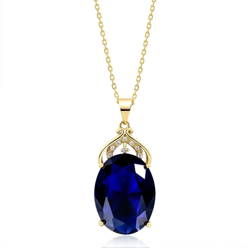 Amethyst Sapphire Gemstone Charm 18k Gold Plated Silver 36CT Oval Crystal Zircon Pendant Necklace Lady Wedding Jewelry