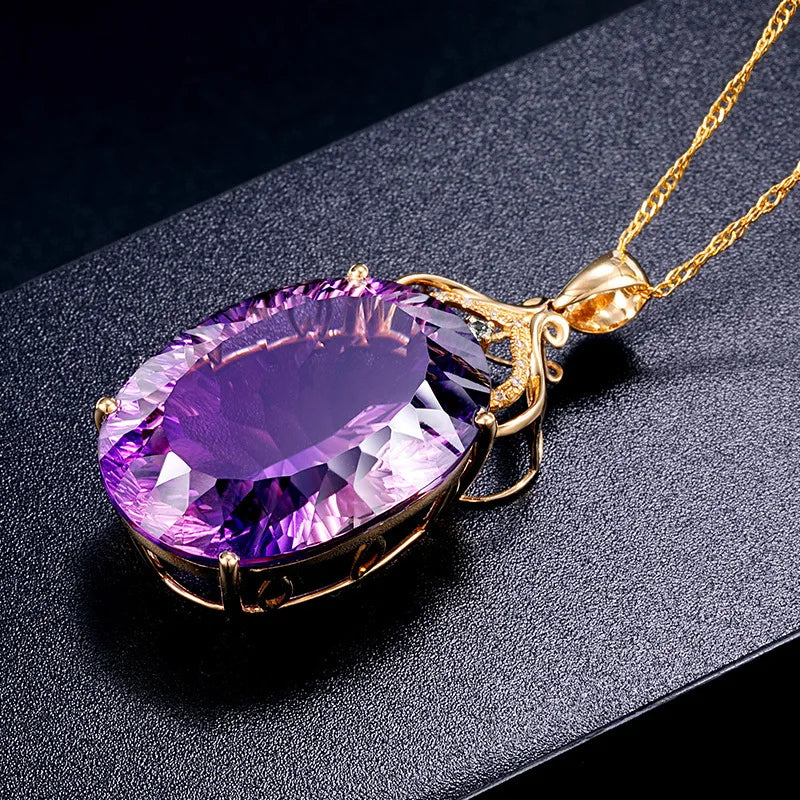Amethyst Sapphire Gemstone Charm 18k Gold Plated Silver 36CT Oval Crystal Zircon Pendant Necklace Lady Wedding Jewelry