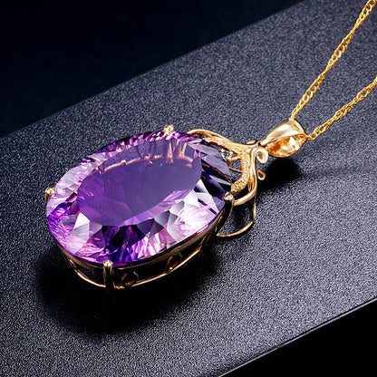 Amethyst Sapphire Gemstone Charm 18k Gold Plated Silver 36CT Oval Crystal Zircon Pendant Necklace Lady Wedding Jewelry