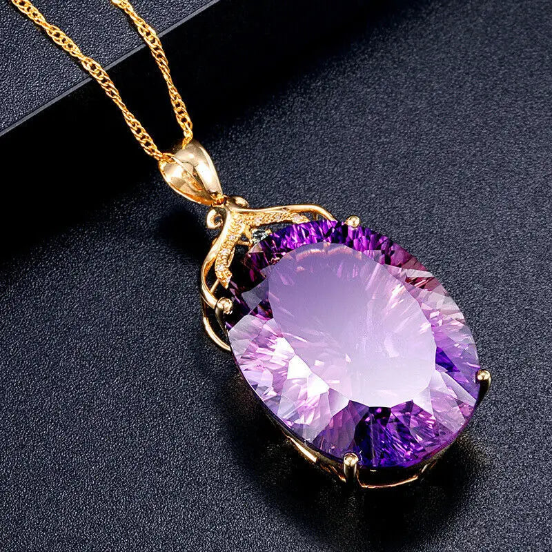 Amethyst Sapphire Gemstone Charm 18k Gold Plated Silver 36CT Oval Crystal Zircon Pendant Necklace Lady Wedding Jewelry