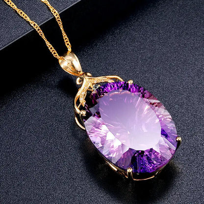 Amethyst Sapphire Gemstone Charm 18k Gold Plated Silver 36CT Oval Crystal Zircon Pendant Necklace Lady Wedding Jewelry