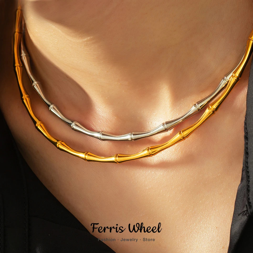 Ferris Wheel Stainless Steel Waterproof Gold Plated Open Collar Necklaces Bracelet Earrings Bamboo Design Choker Jewelry Gift