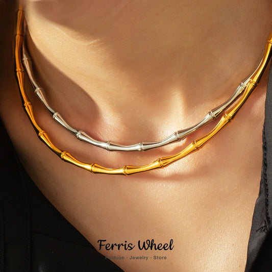 Ferris Wheel Stainless Steel Waterproof Gold Plated Open Collar Necklaces Bracelet Earrings Bamboo Design Choker Jewelry Gift