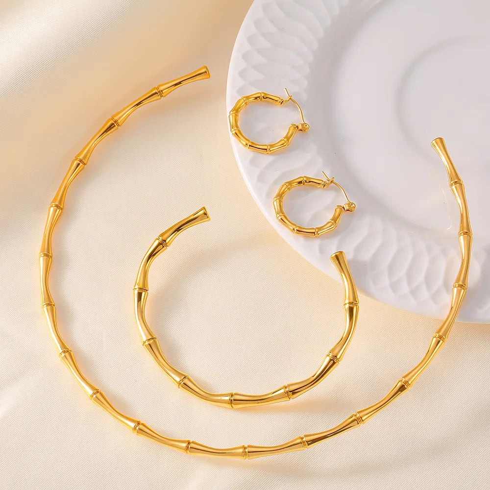 Ferris Wheel Stainless Steel Waterproof Gold Plated Open Collar Necklaces Bracelet Earrings Bamboo Design Choker Jewelry Gift