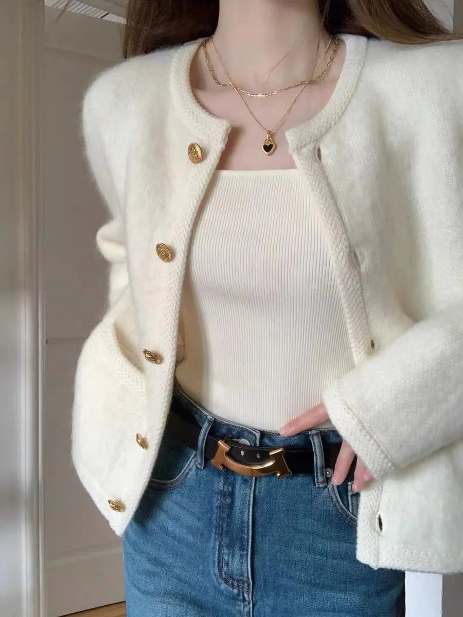 Temperament White Sweater Coat Women's Early Spring Autumn New Knitted O-Neck Cardigan Single Breasted Style Top